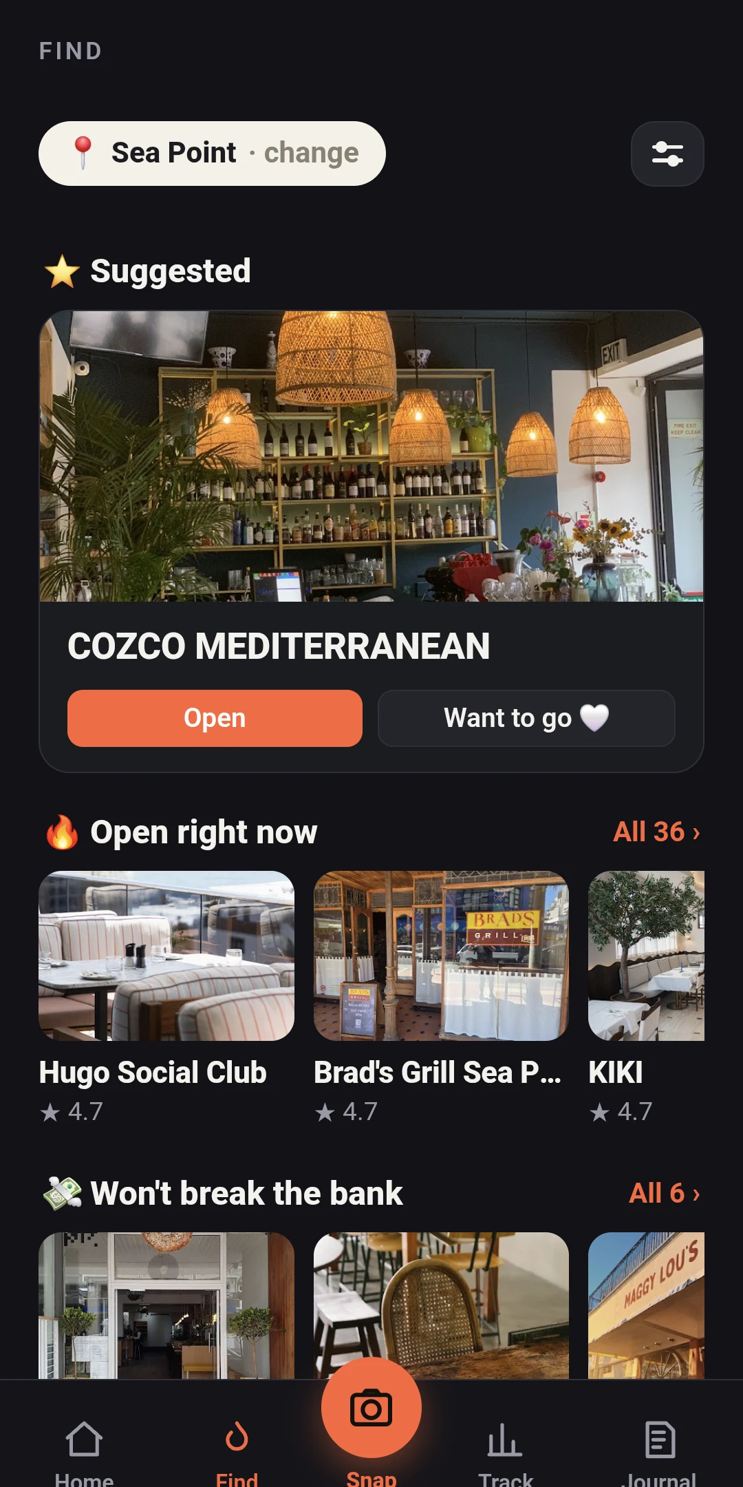 The real Tjop Tjop Find screen: Cozco Mediterranean suggested near Sea Point, with the Open right now rail