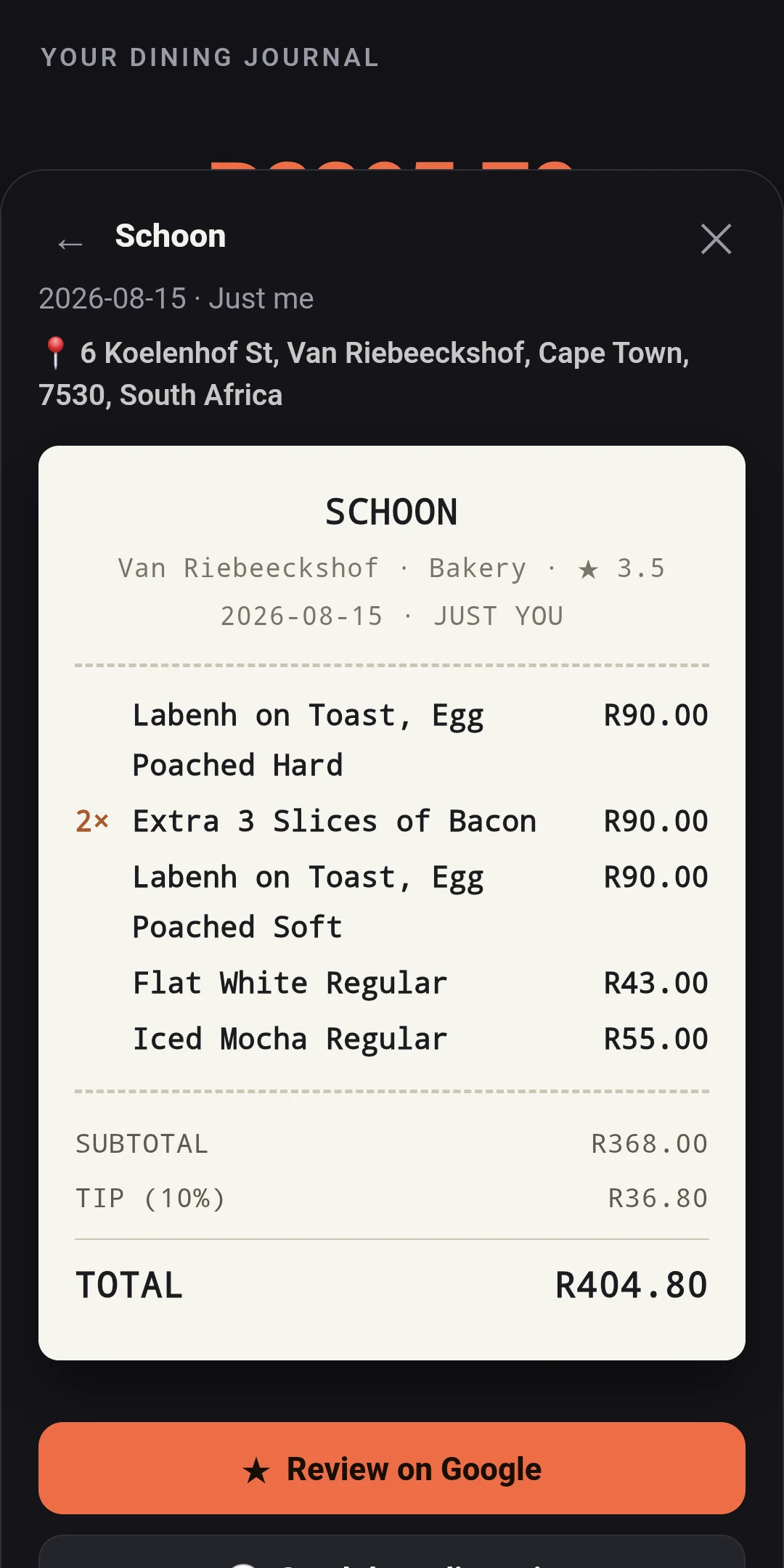 A saved Tjop Tjop slip: Schoon, every line item, tip and total